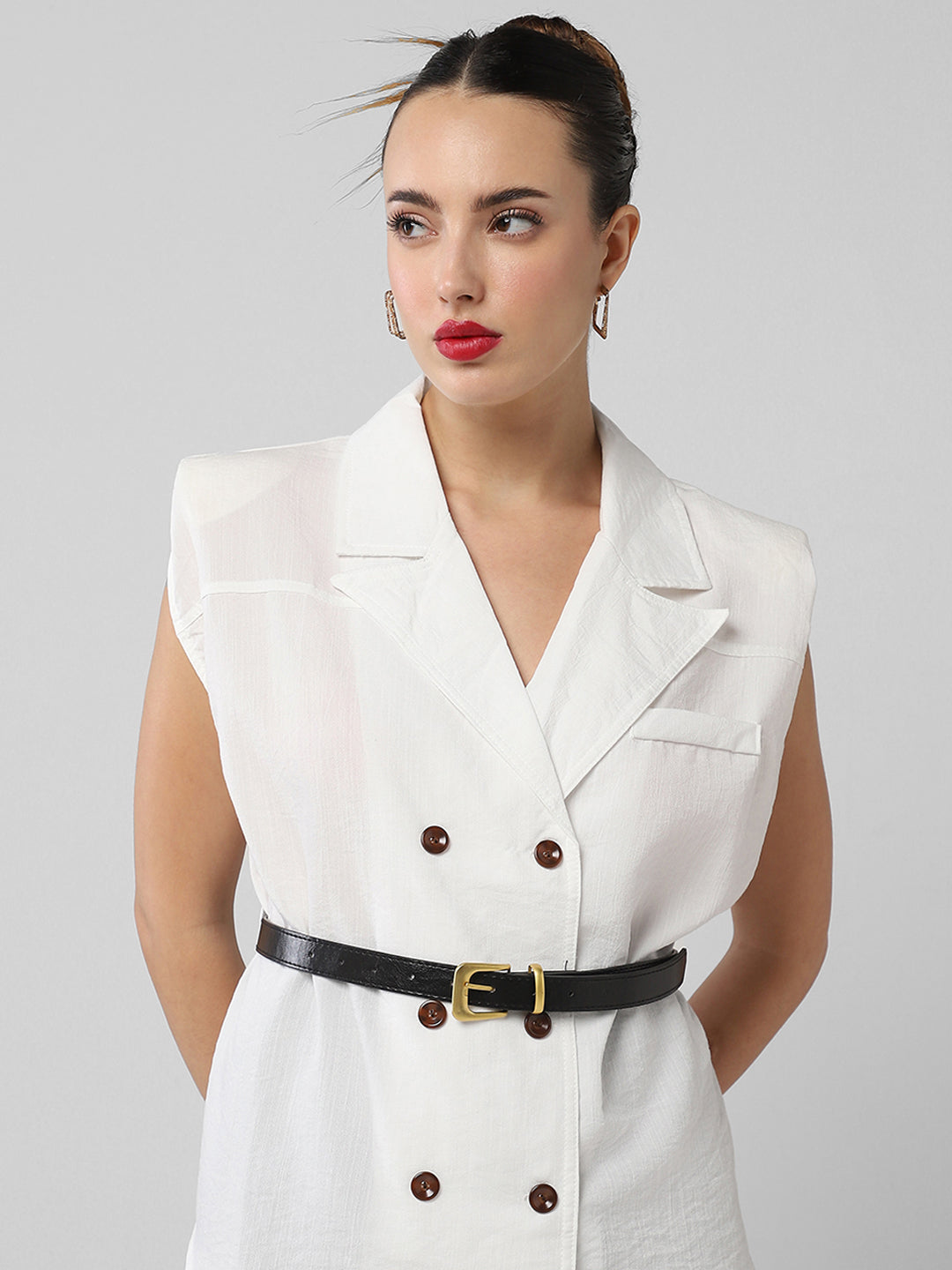 Women White Solid Blazer Top with Belt