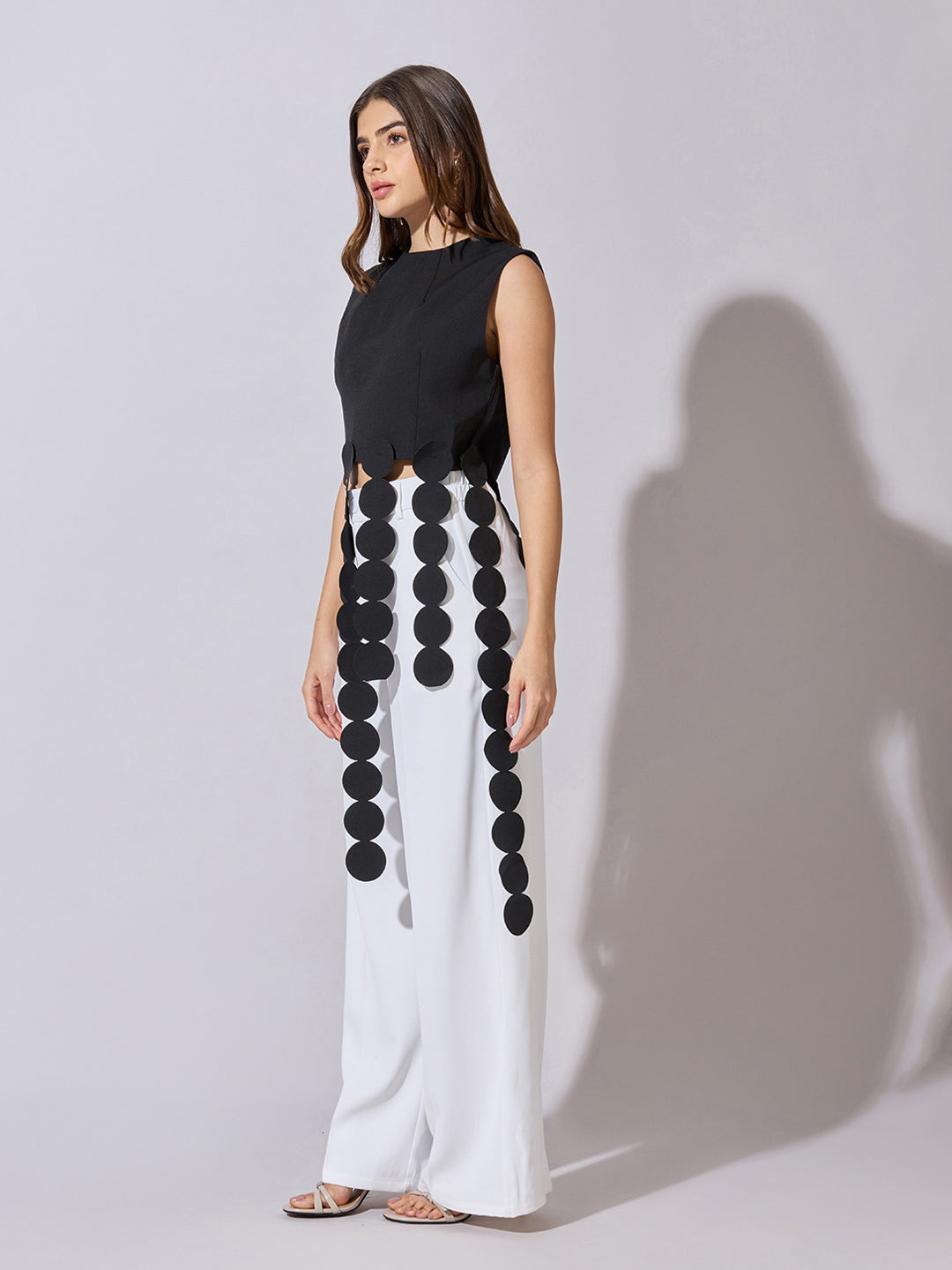 Women's Black Sleeveless Top with Circular Tassel Detail