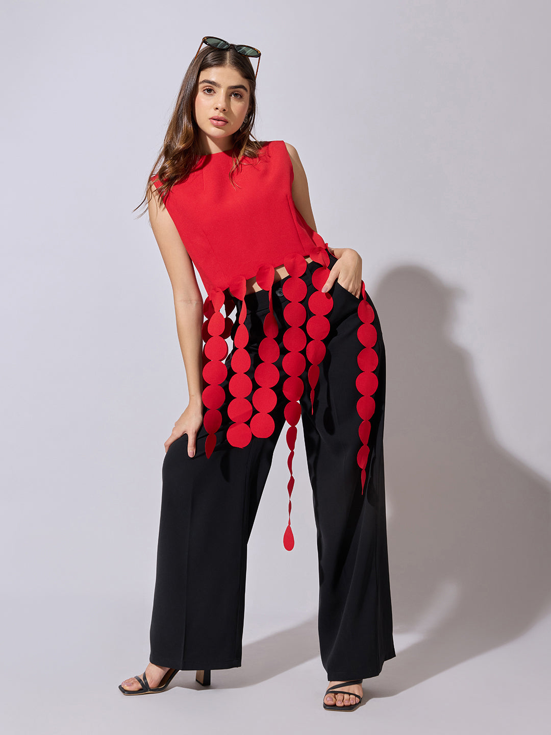 Women's Red Sleeveless Top with Circular Tassel Detail