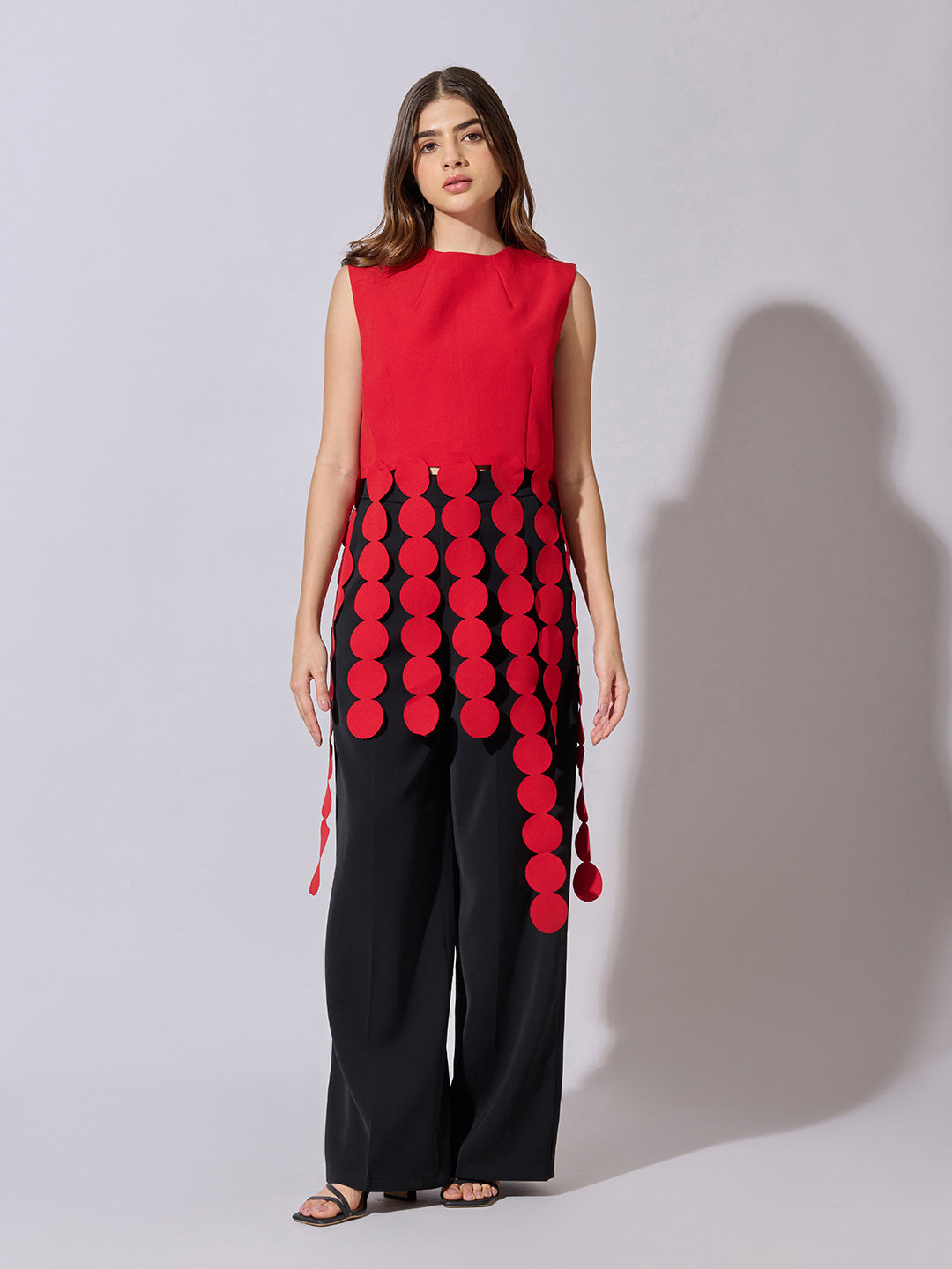 Women's Red Sleeveless Top with Circular Tassel Detail