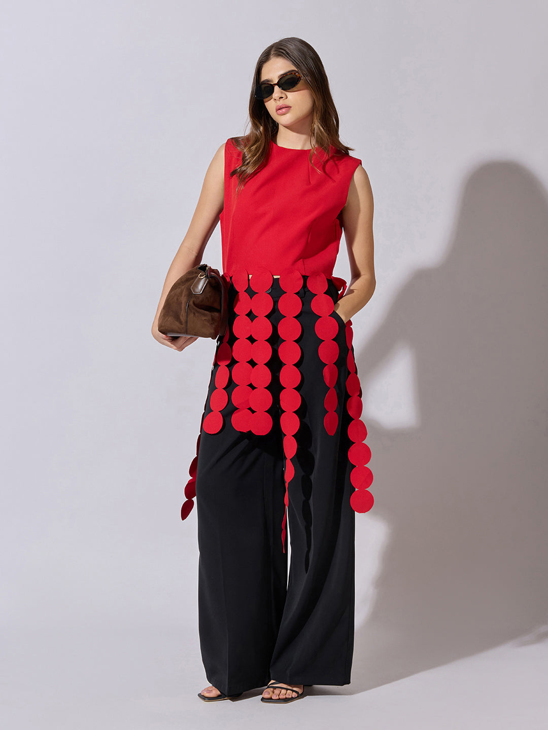 Women's Red Sleeveless Top with Circular Tassel Detail