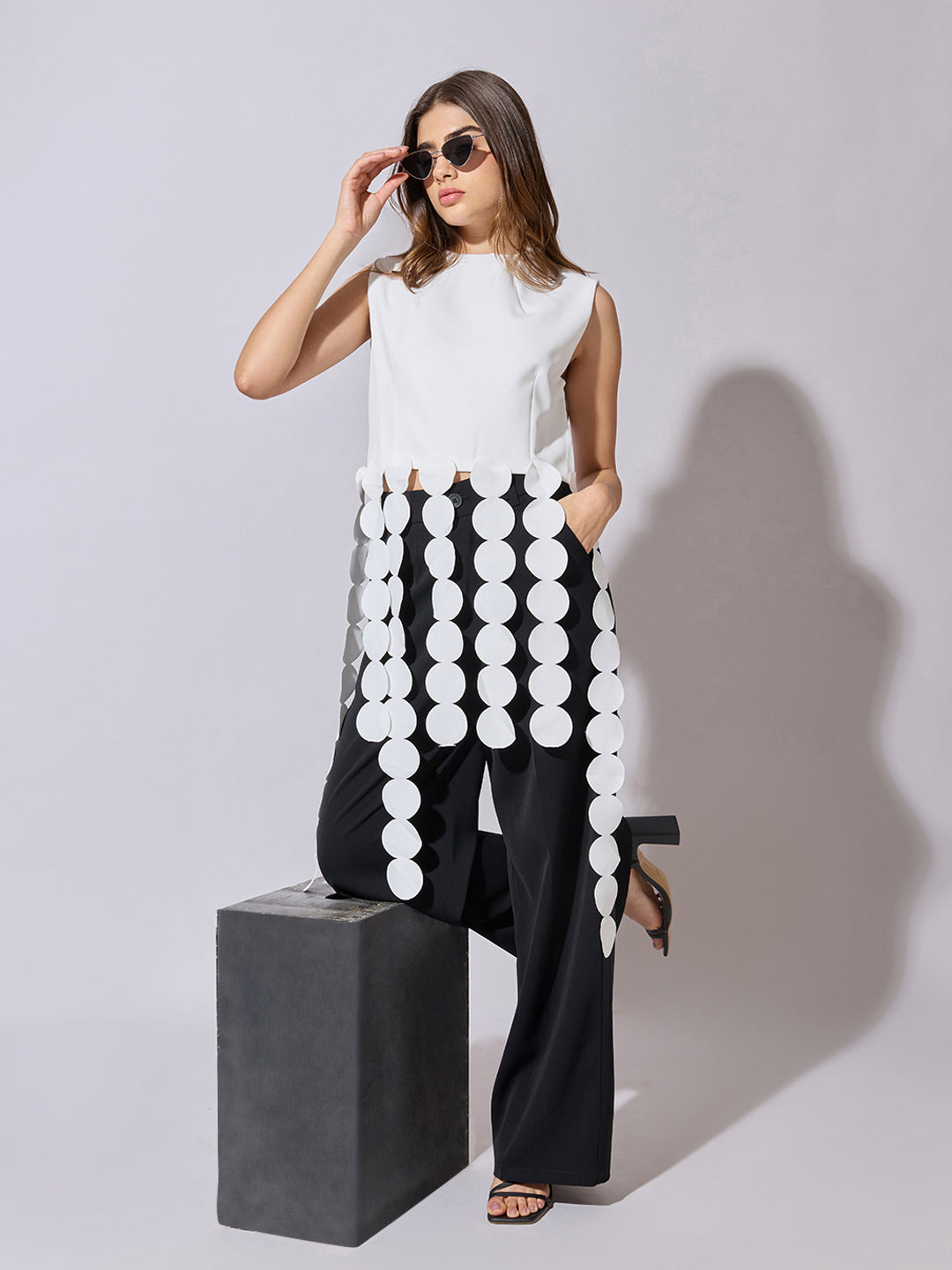 Women's White Sleeveless Top with Circular Tassel Detail