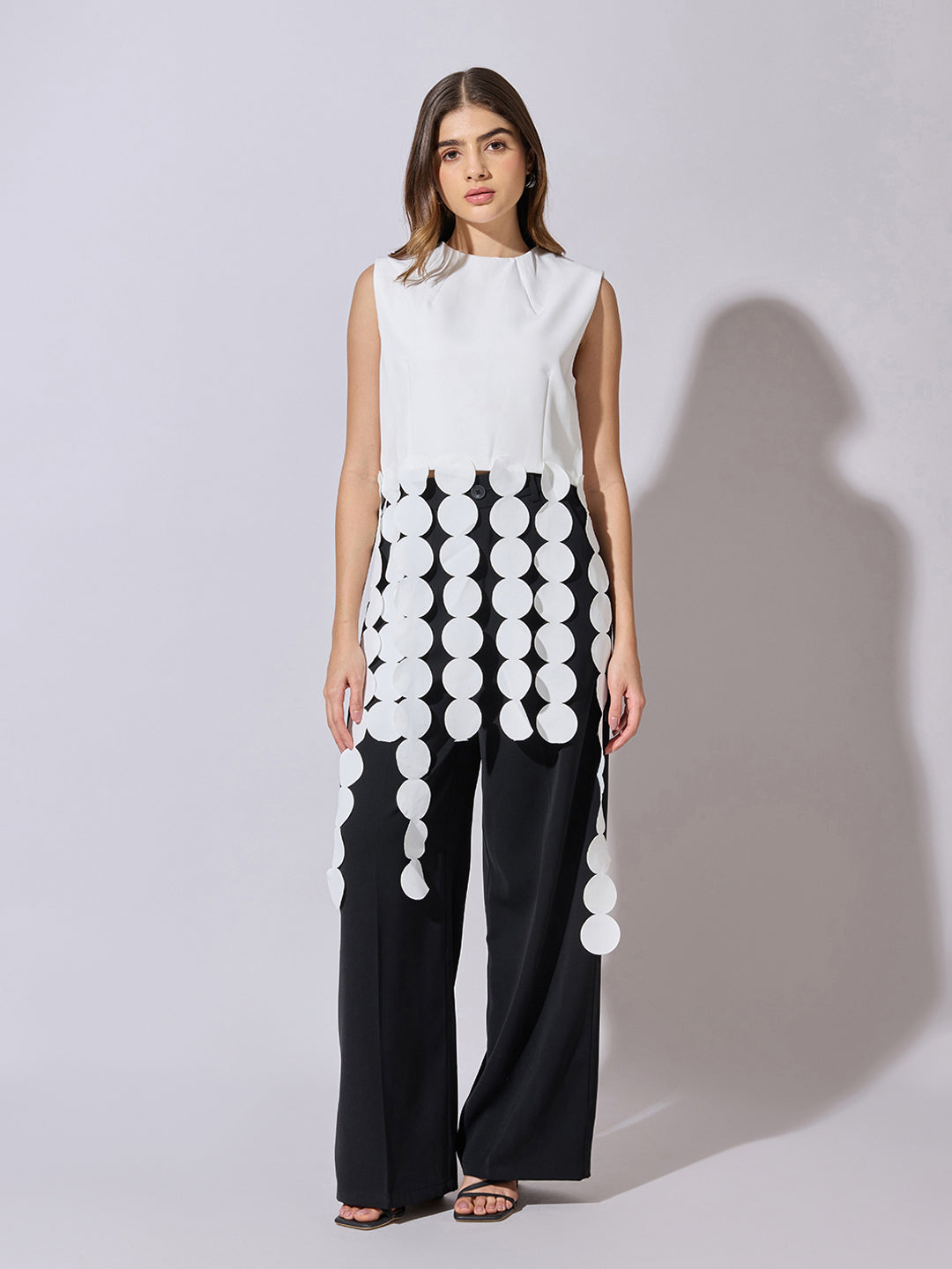 Women's White Sleeveless Top with Circular Tassel Detail