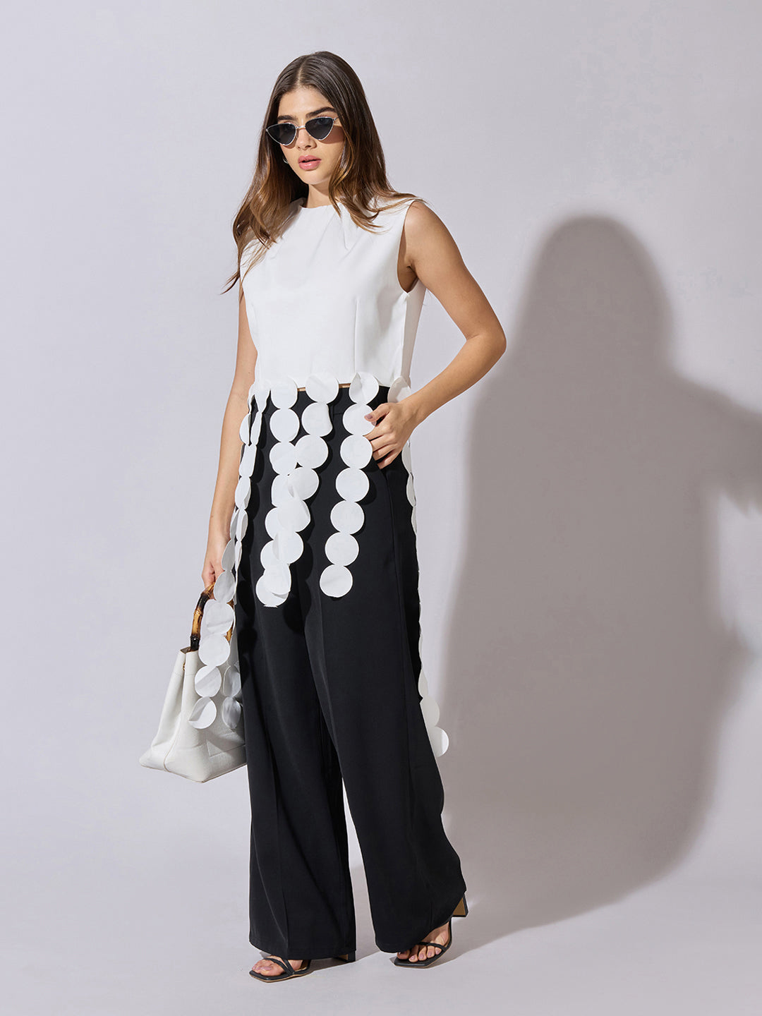 Women's White Sleeveless Top with Circular Tassel Detail