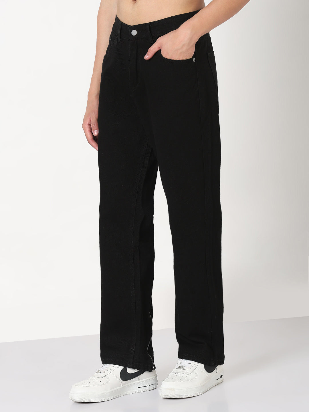 Men's Black Straight Fit Jeans with Back Zip