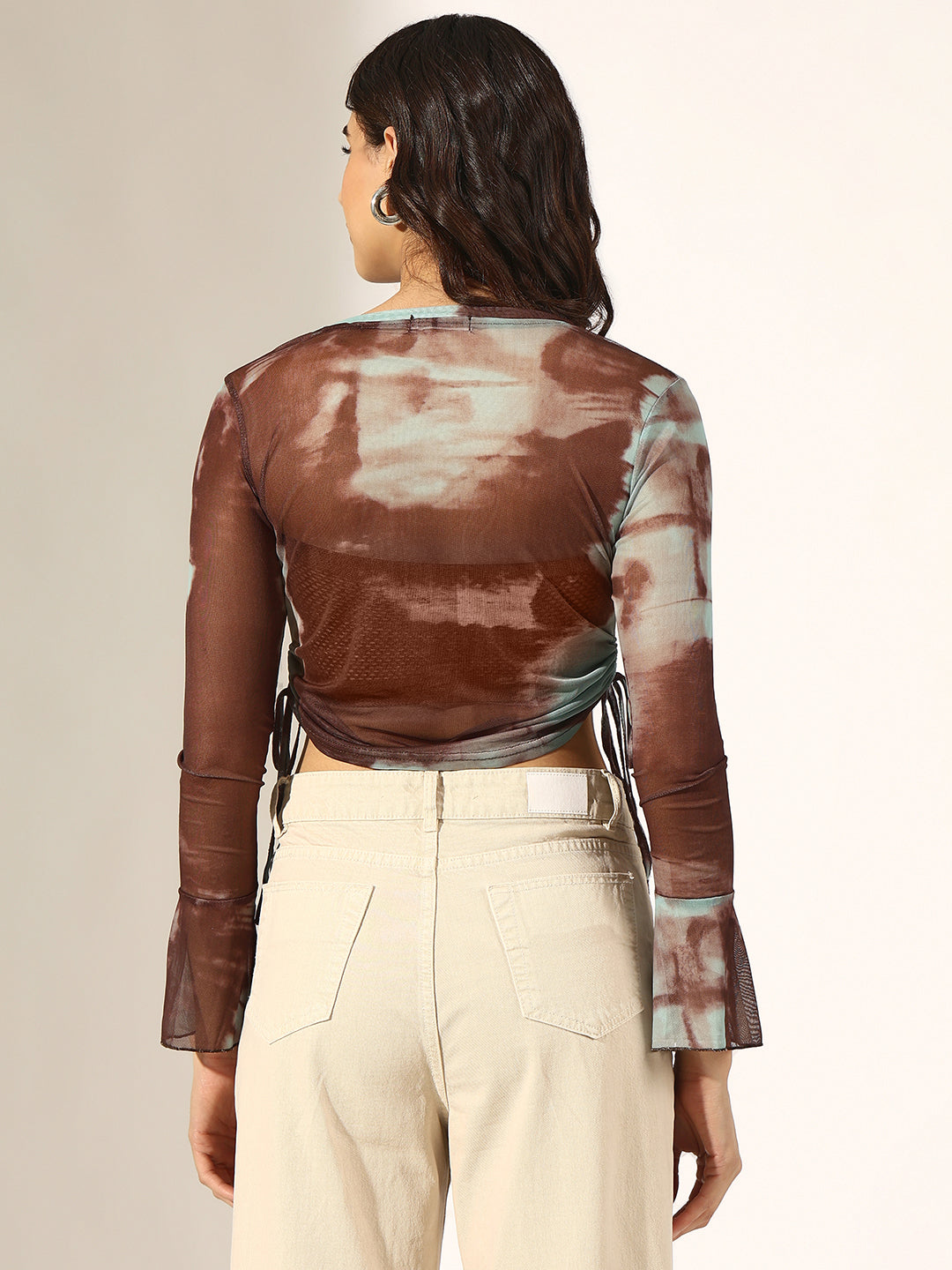 Women's Brown Tie & Dye Ruched Mesh Crop Top