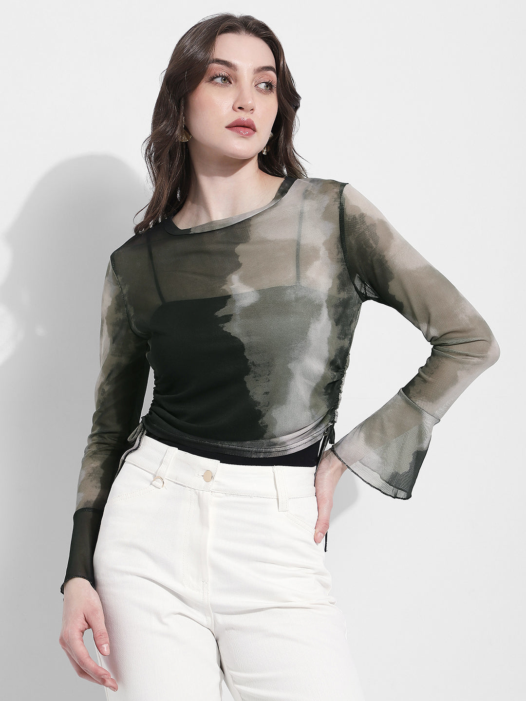 Women's Olive Tie & Dye Ruched Mesh Crop Top