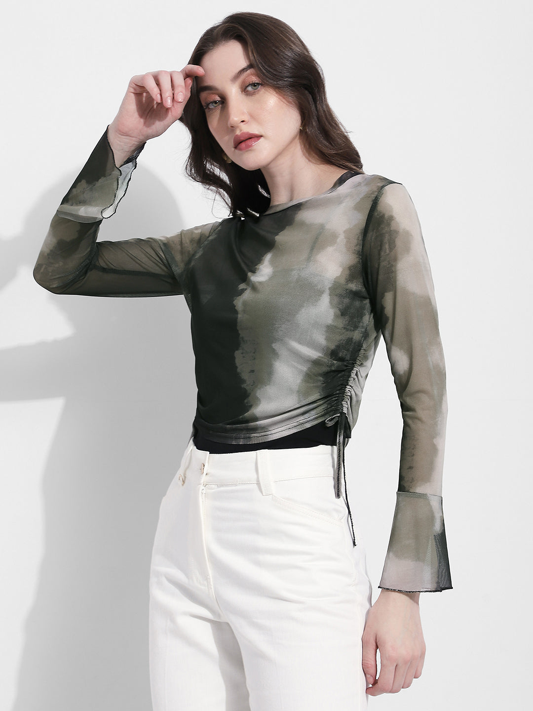 Women's Olive Tie & Dye Ruched Mesh Crop Top