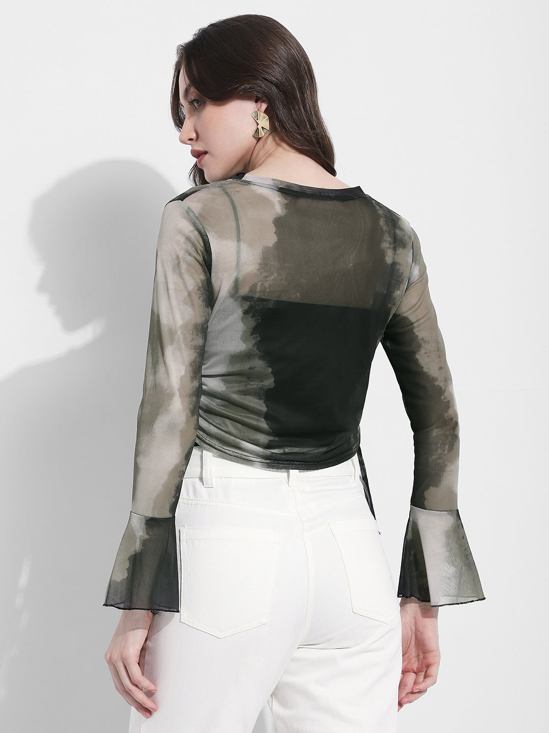 Women's Olive Tie & Dye Ruched Mesh Crop Top