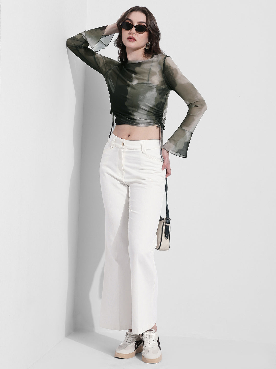 Women's Olive Tie & Dye Ruched Mesh Crop Top