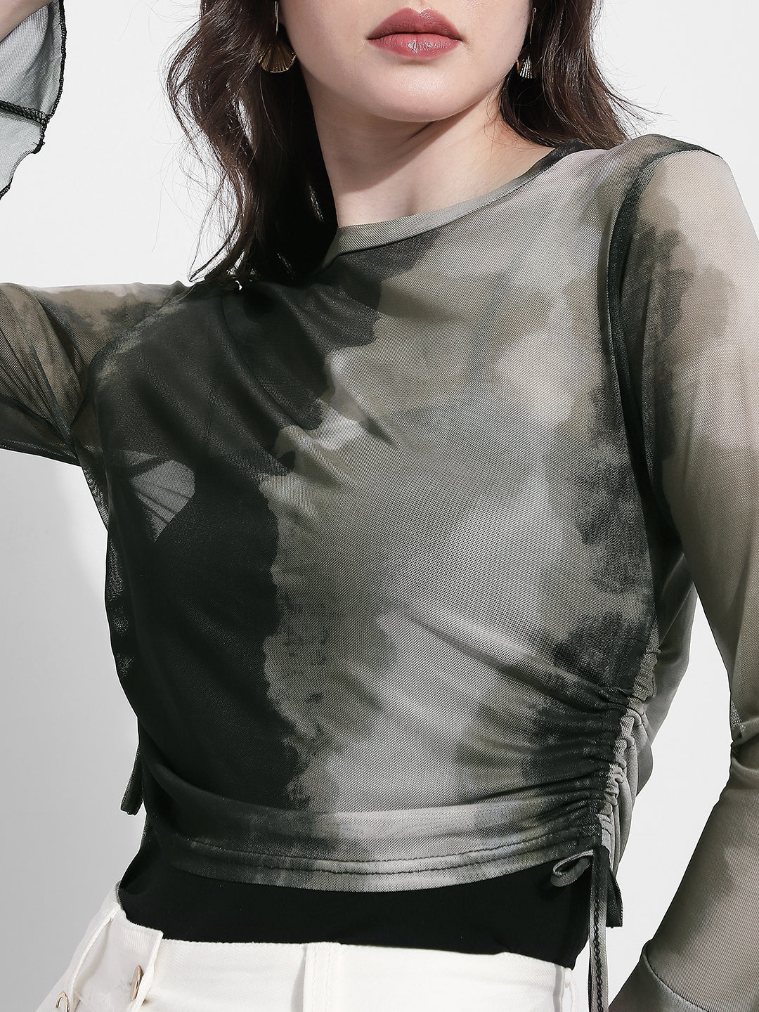 Women's Olive Tie & Dye Ruched Mesh Crop Top