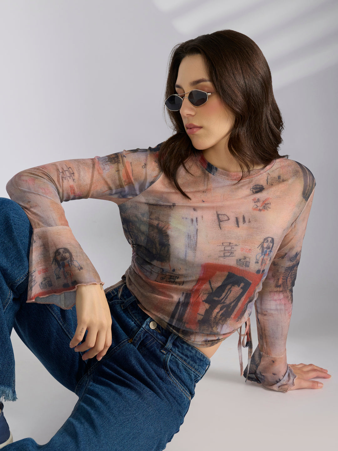 Women's Graphic Orange Fitted Ruched Mesh Top