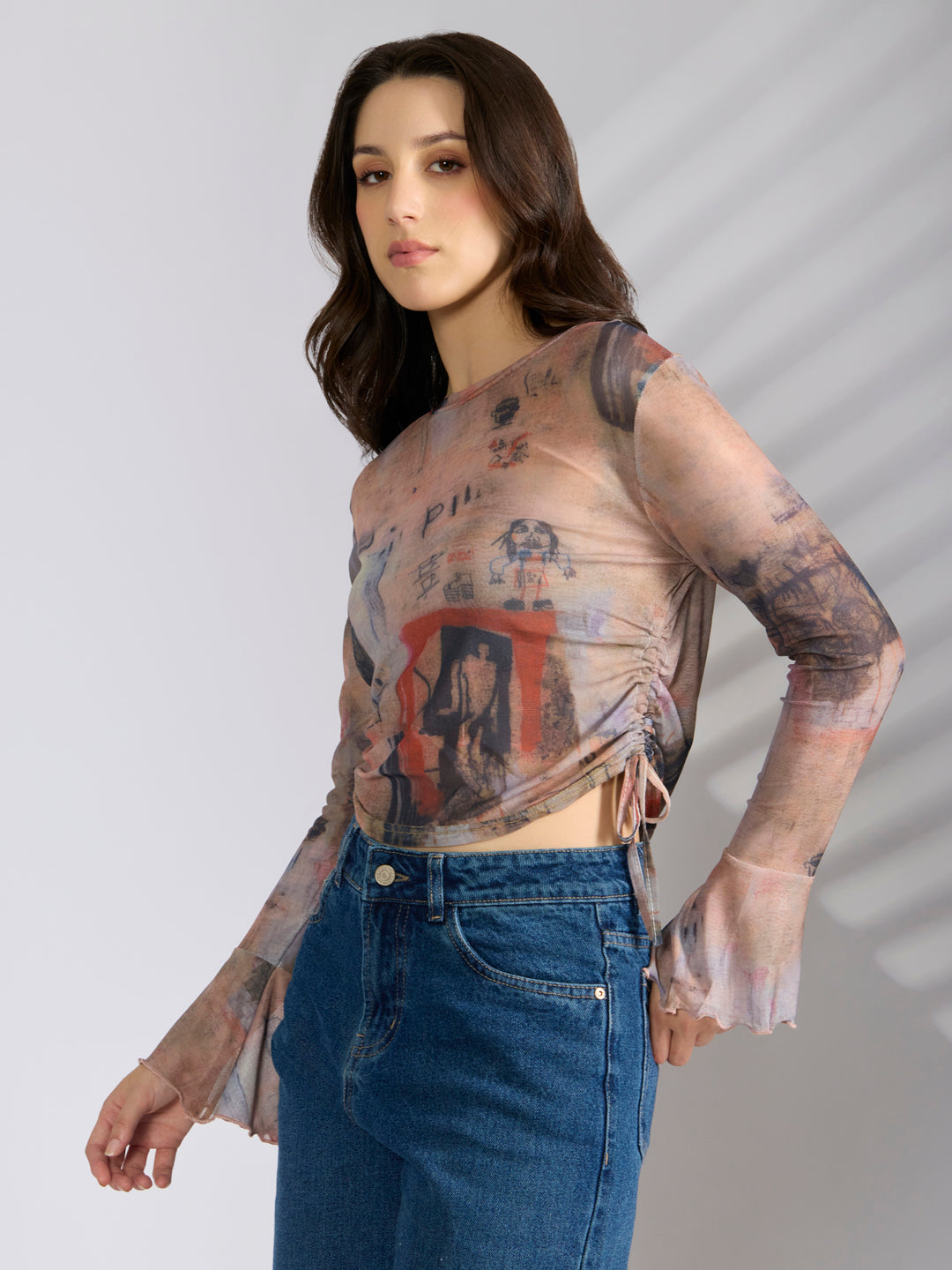 Women's Graphic Orange Fitted Ruched Mesh Top