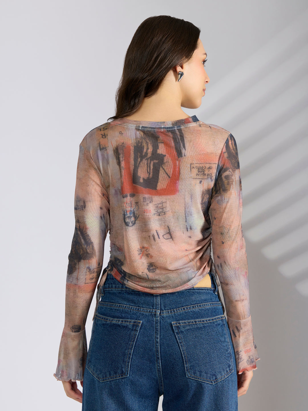 Women's Graphic Orange Fitted Ruched Mesh Top