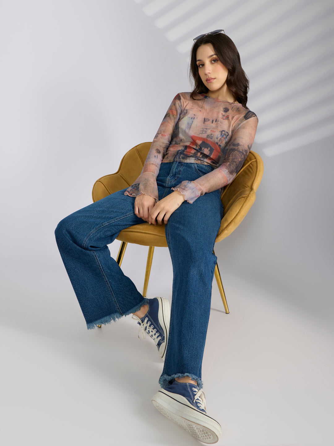 Women's Graphic Orange Fitted Ruched Mesh Top