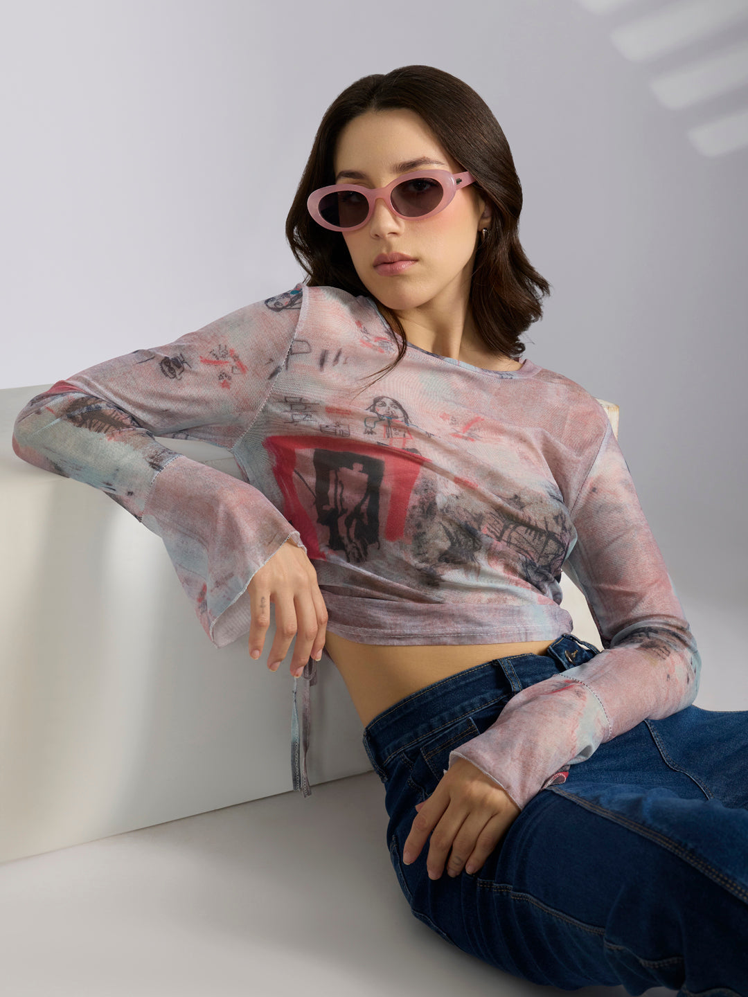 Women's Graphic Pink Fitted Ruched Mesh Top