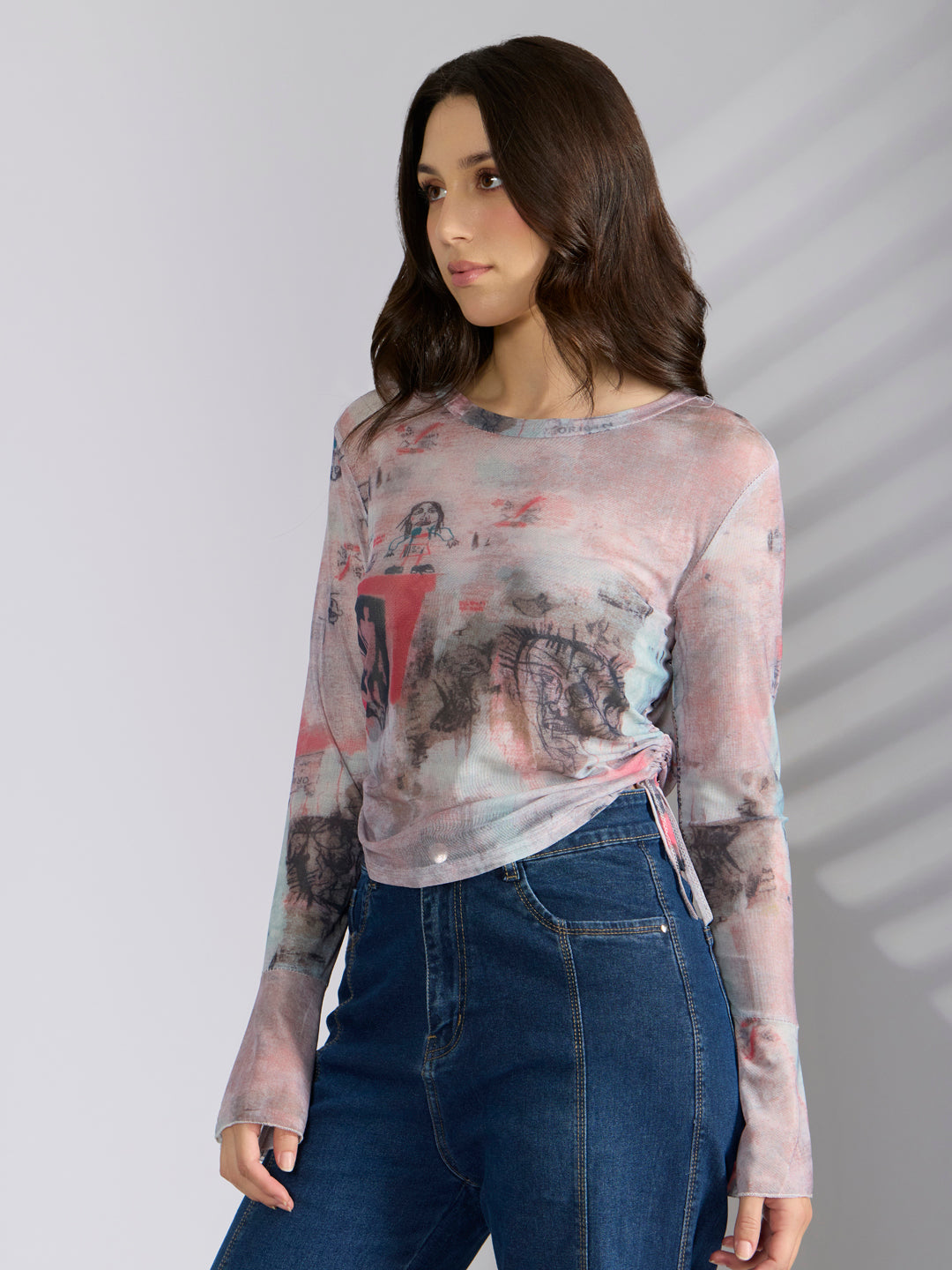 Women's Graphic Pink Fitted Ruched Mesh Top