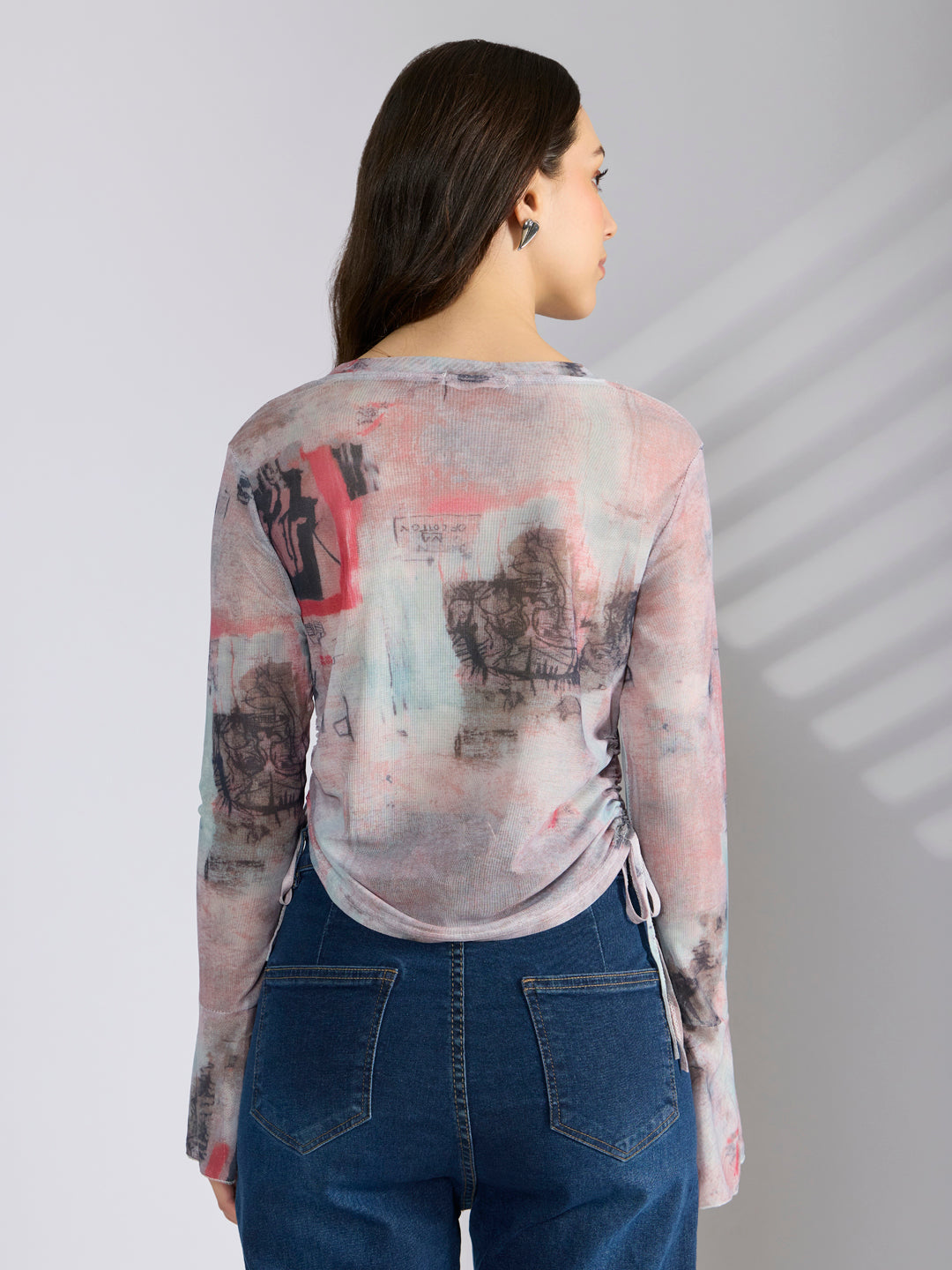 Women's Graphic Pink Fitted Ruched Mesh Top