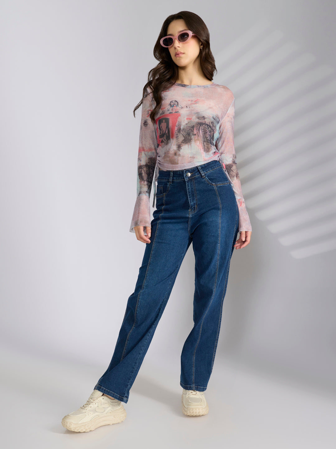 Women's Graphic Pink Fitted Ruched Mesh Top