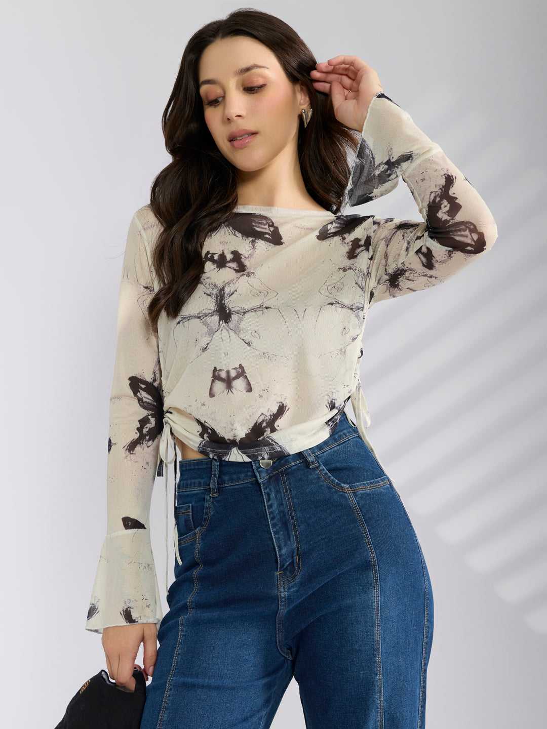 Women's Graphic White Fitted Ruched Mesh Top