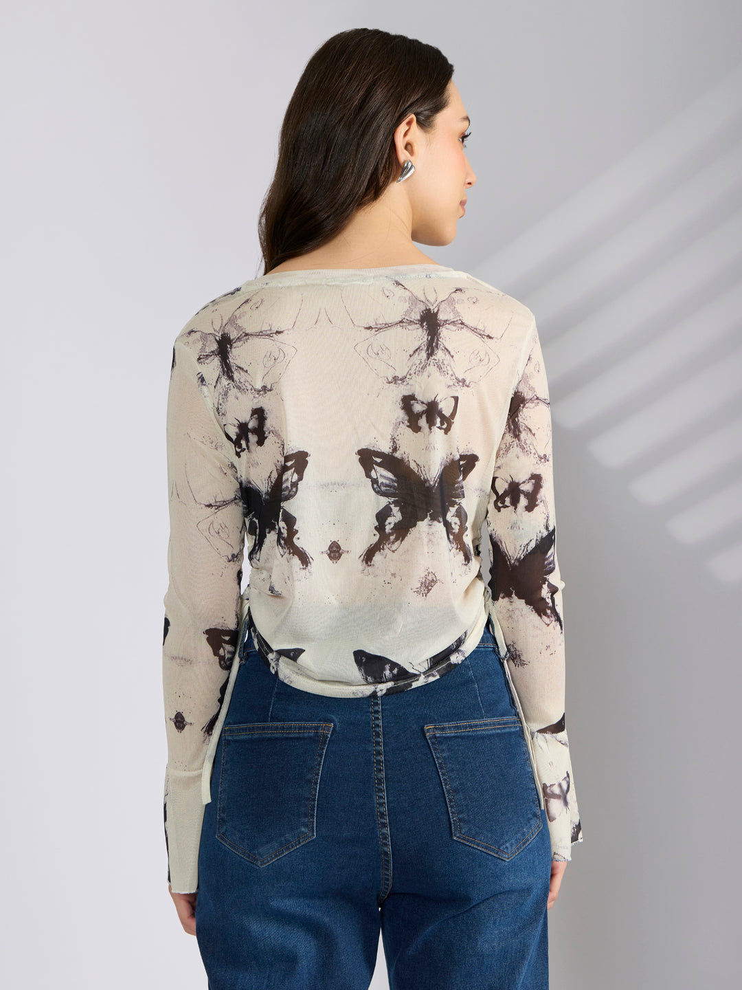 Women's Graphic White Fitted Ruched Mesh Top