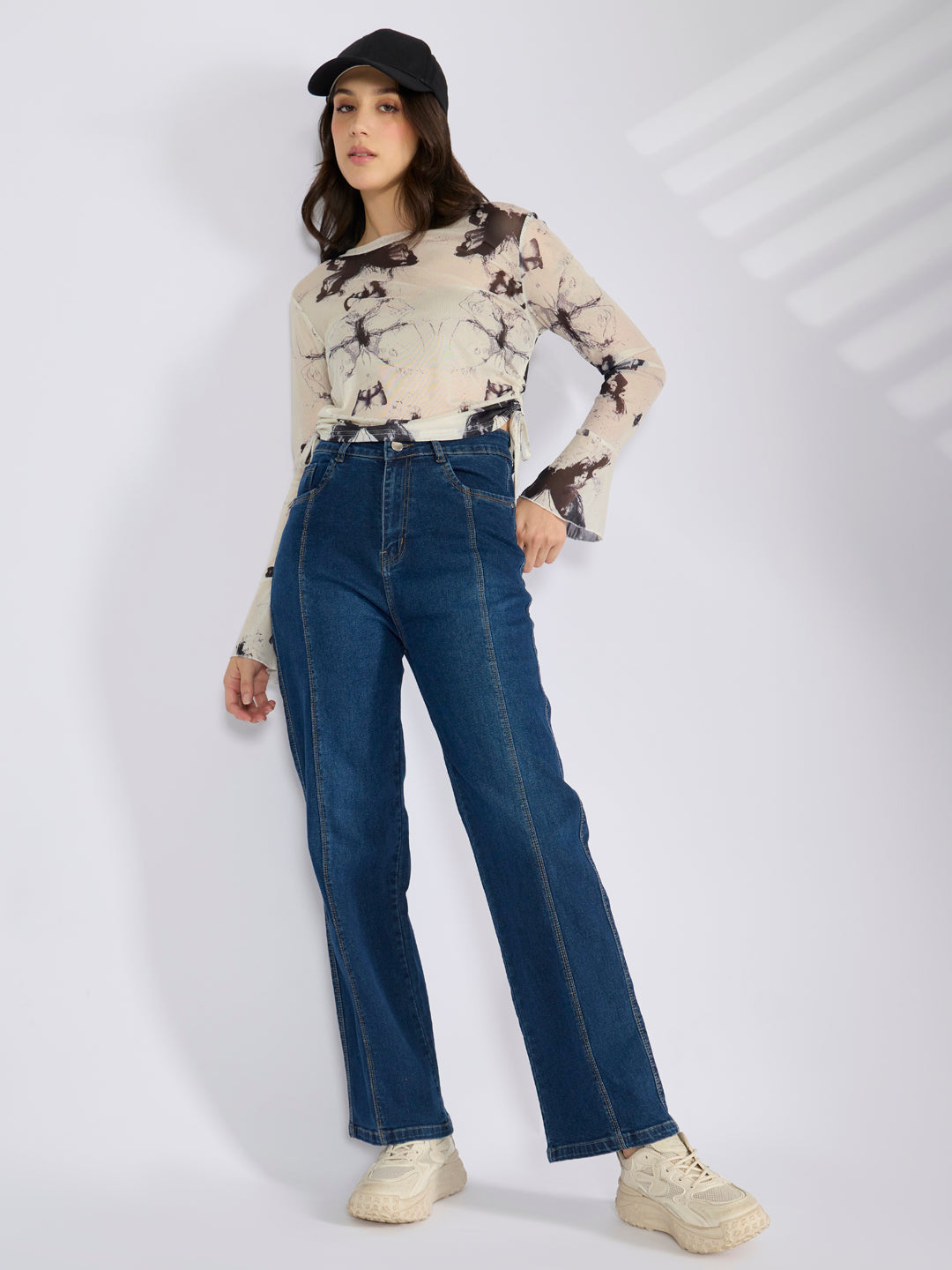 Women's Graphic White Fitted Ruched Mesh Top