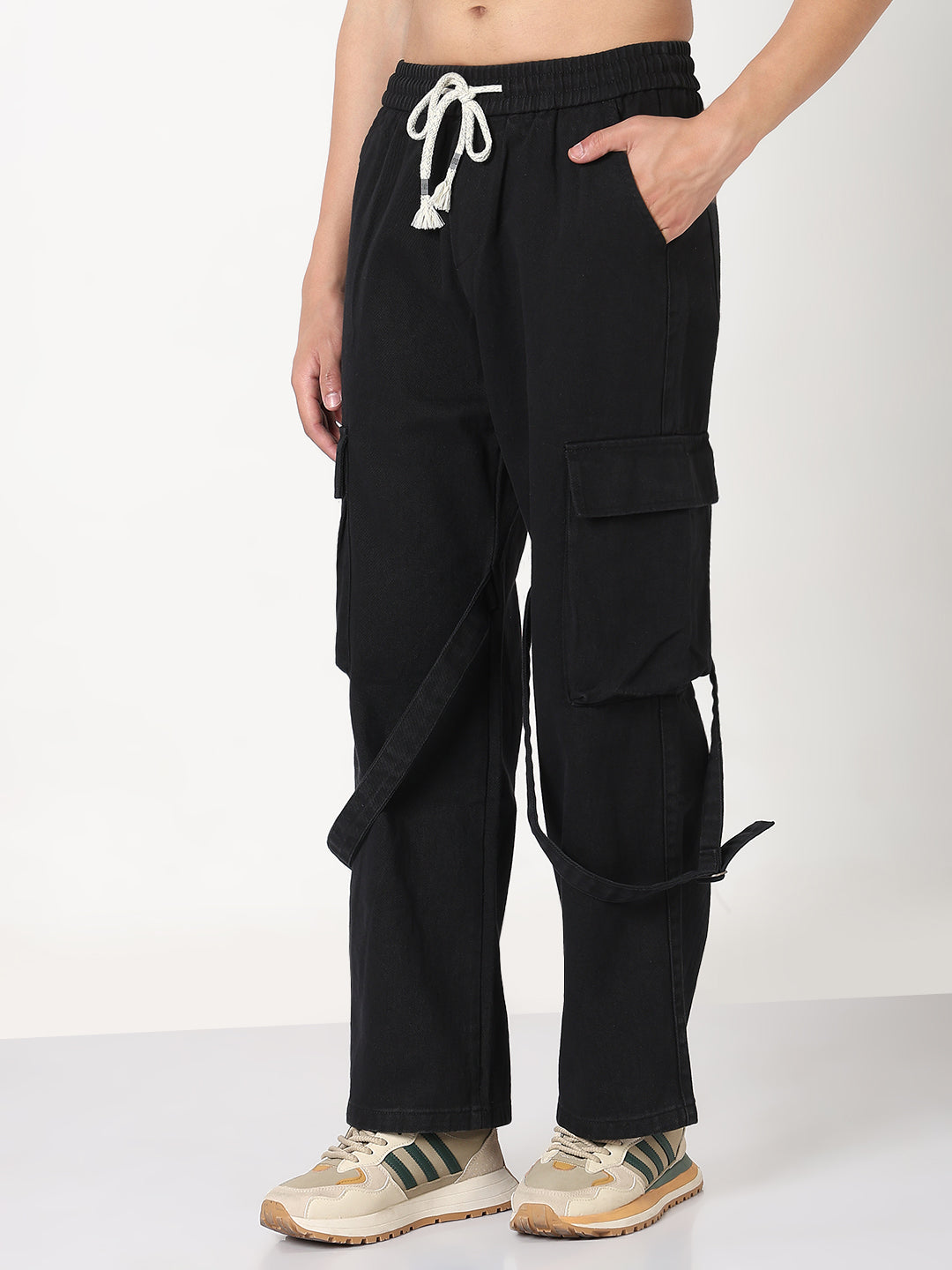 Men's Black Straight Fit Cargo Clean Look Jeans