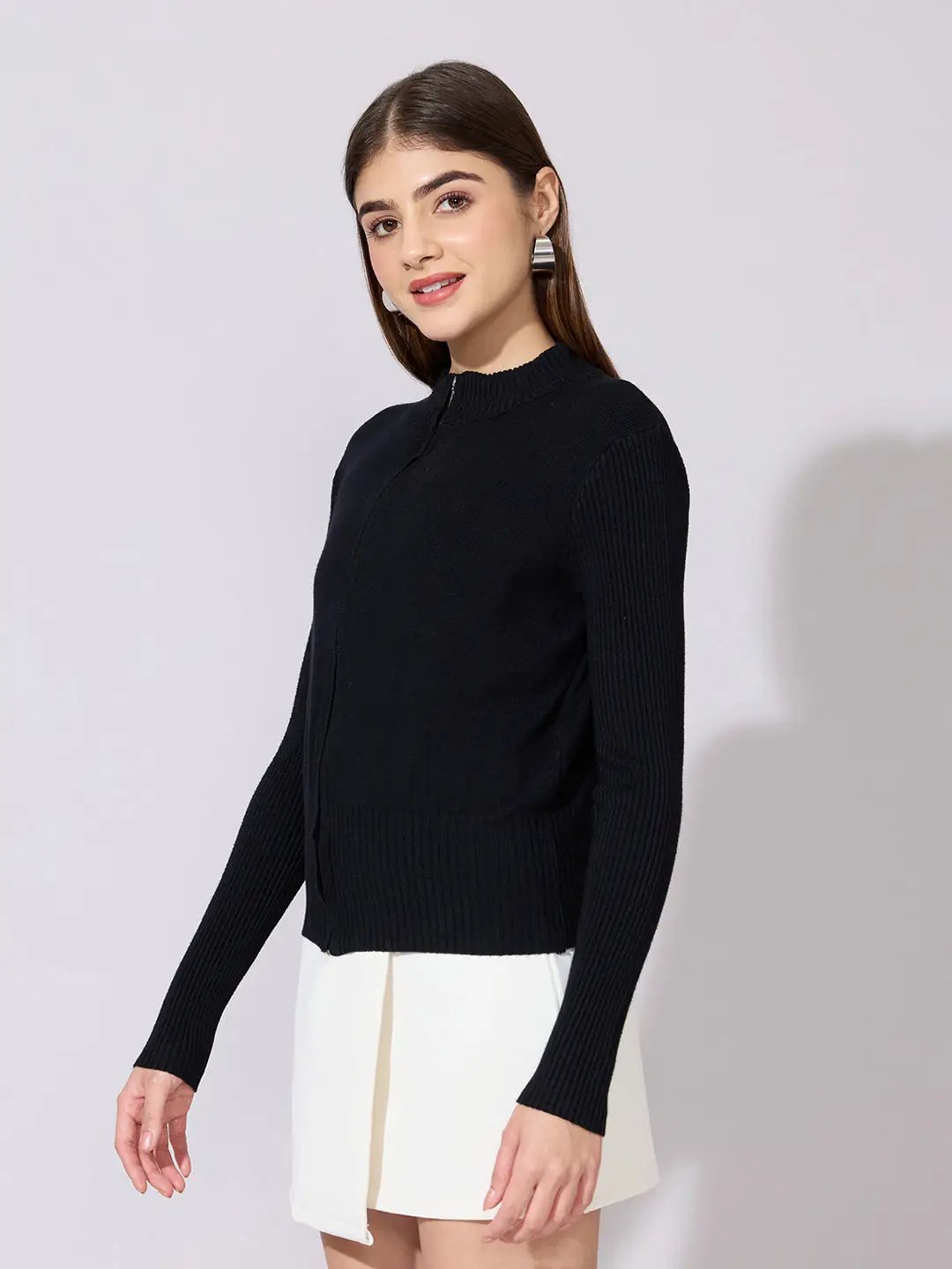 Women's Ribbed Black Zip-Up Knit Top
