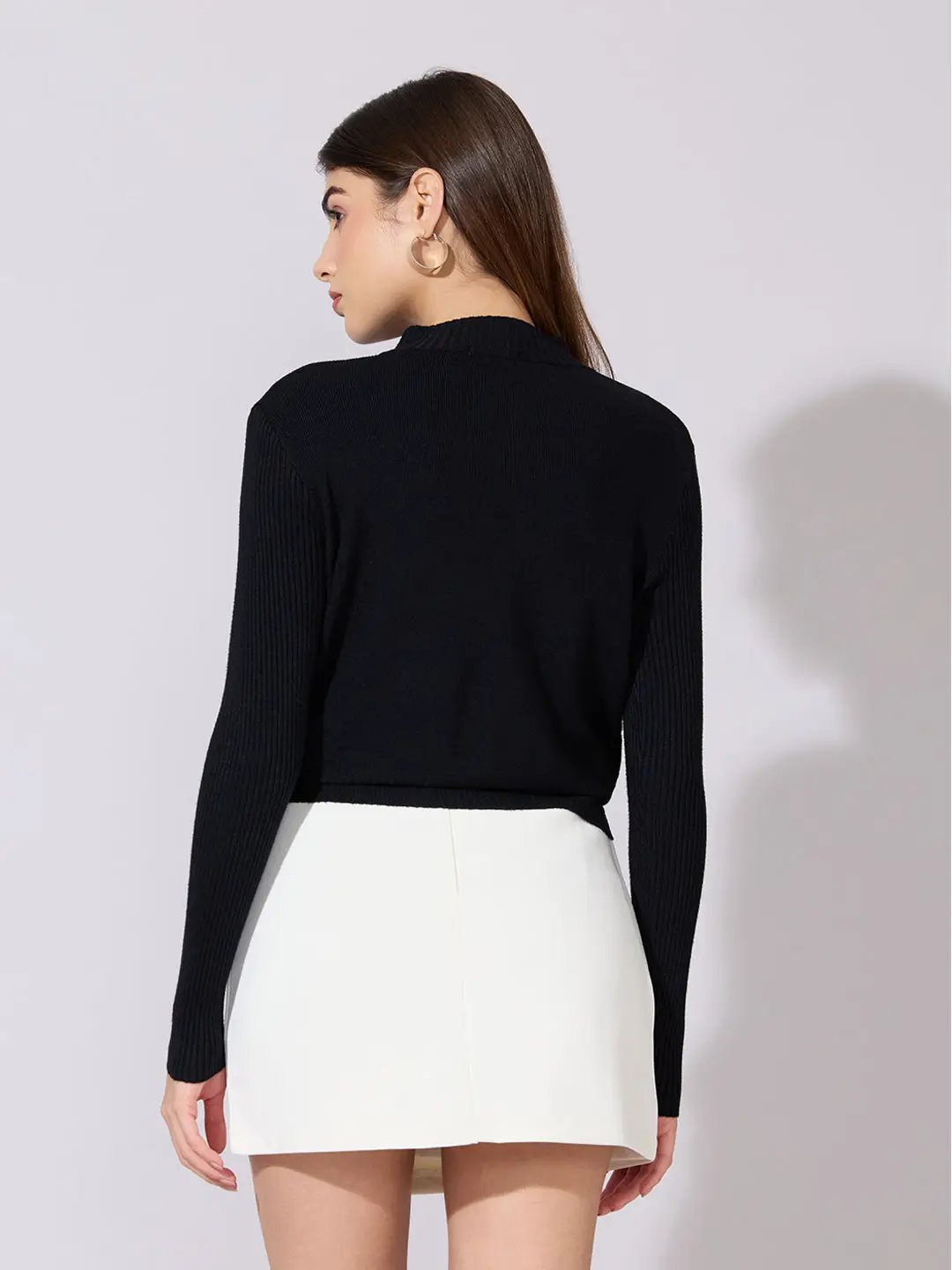 Women's Ribbed Black Zip-Up Knit Top