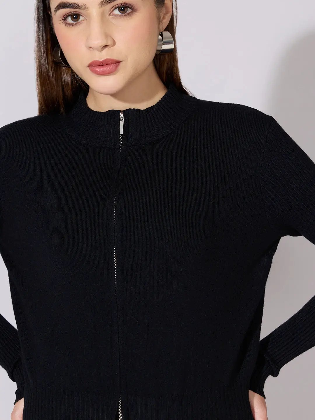 Women's Ribbed Black Zip-Up Knit Top