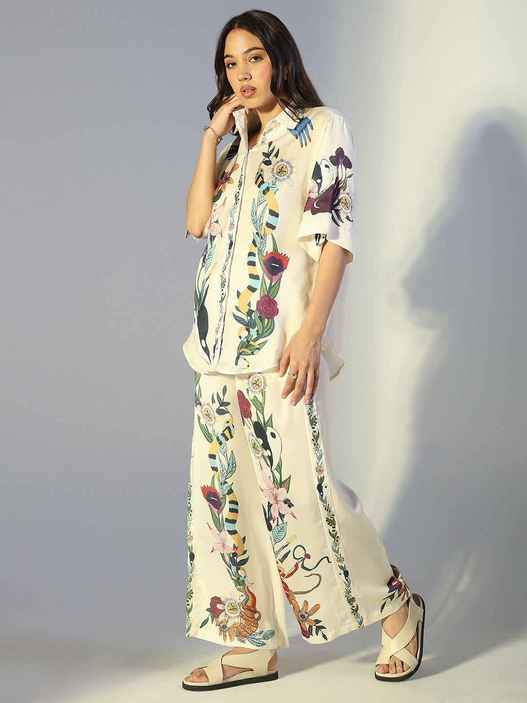 Women's Printed Cream Shirt with Wide Leg Pants Co-Ord Set