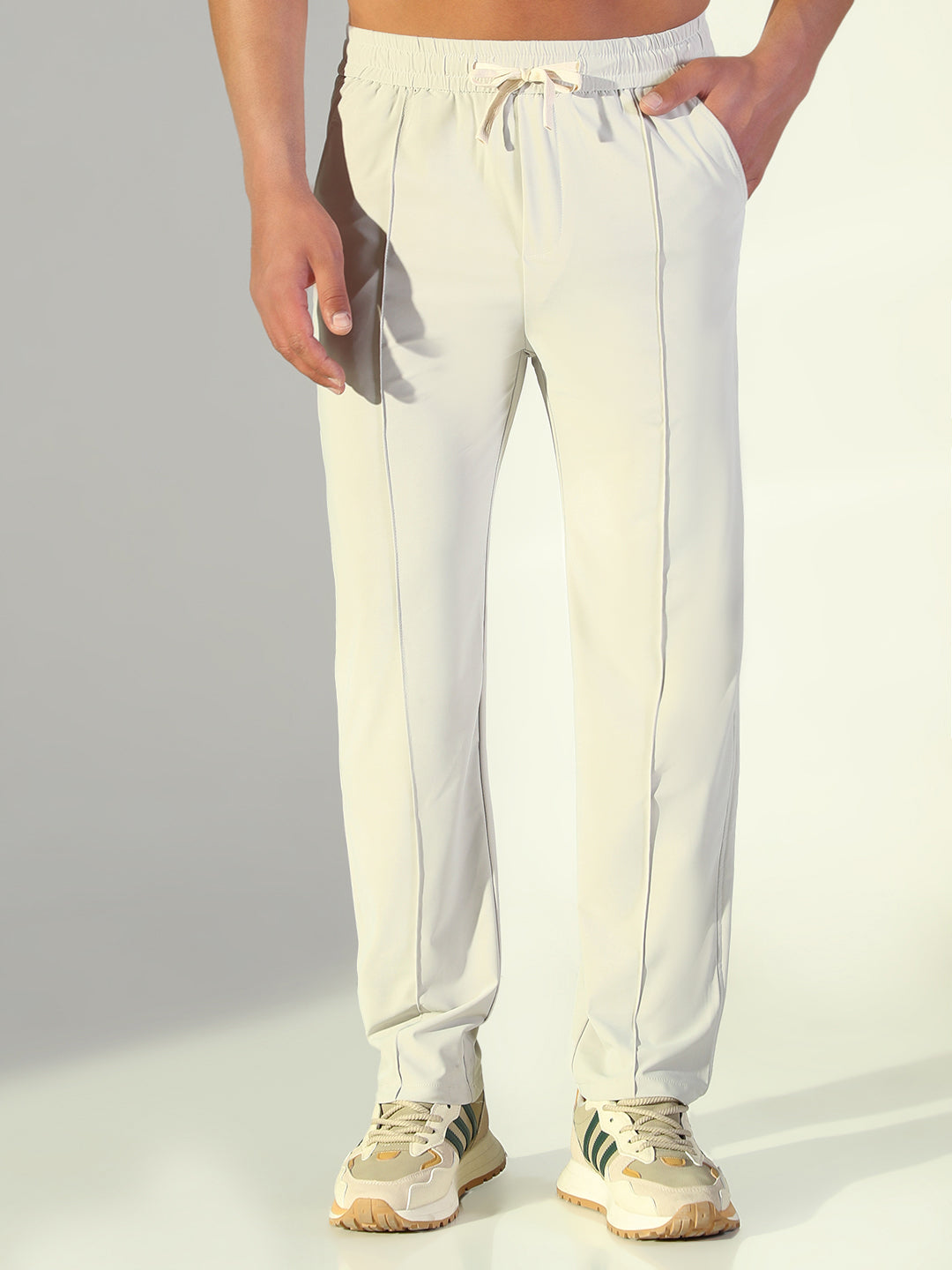 Men Cream Solid Straight Fit Trousers