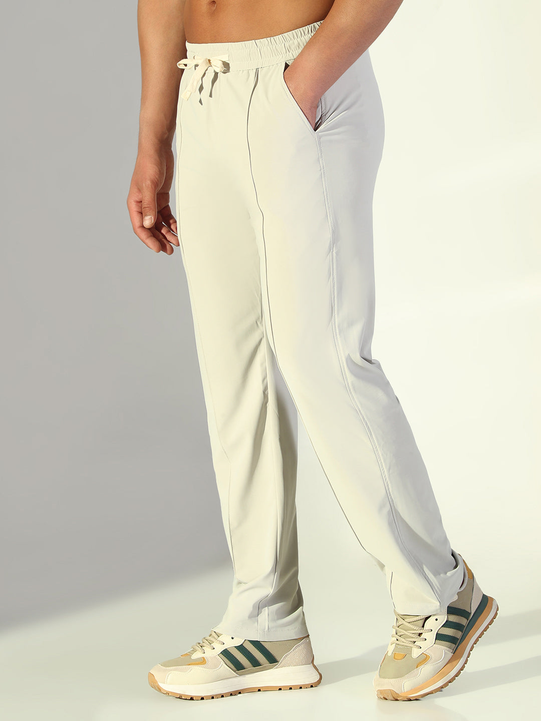 Men Cream Solid Straight Fit Trousers