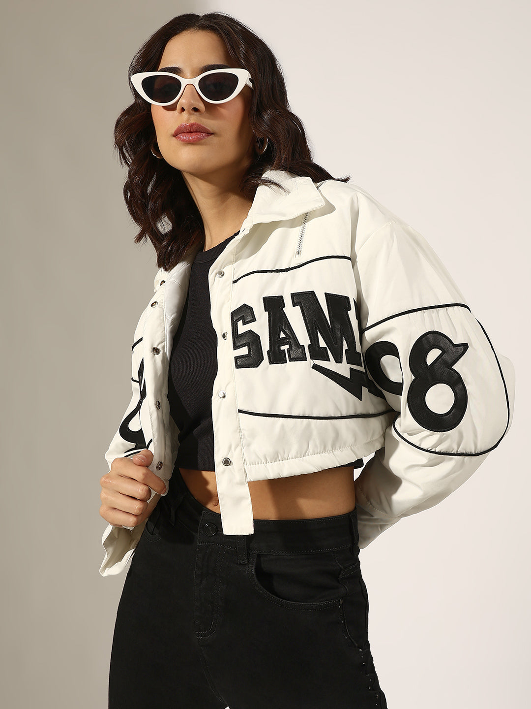 Women's Typography White Cropped Button Down Bomber Jacket
