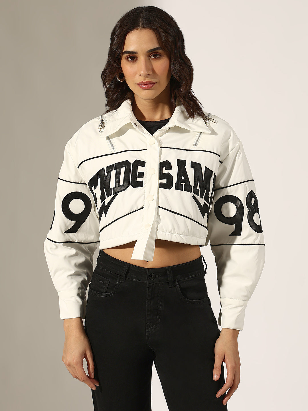 Women's Typography White Cropped Button Down Bomber Jacket