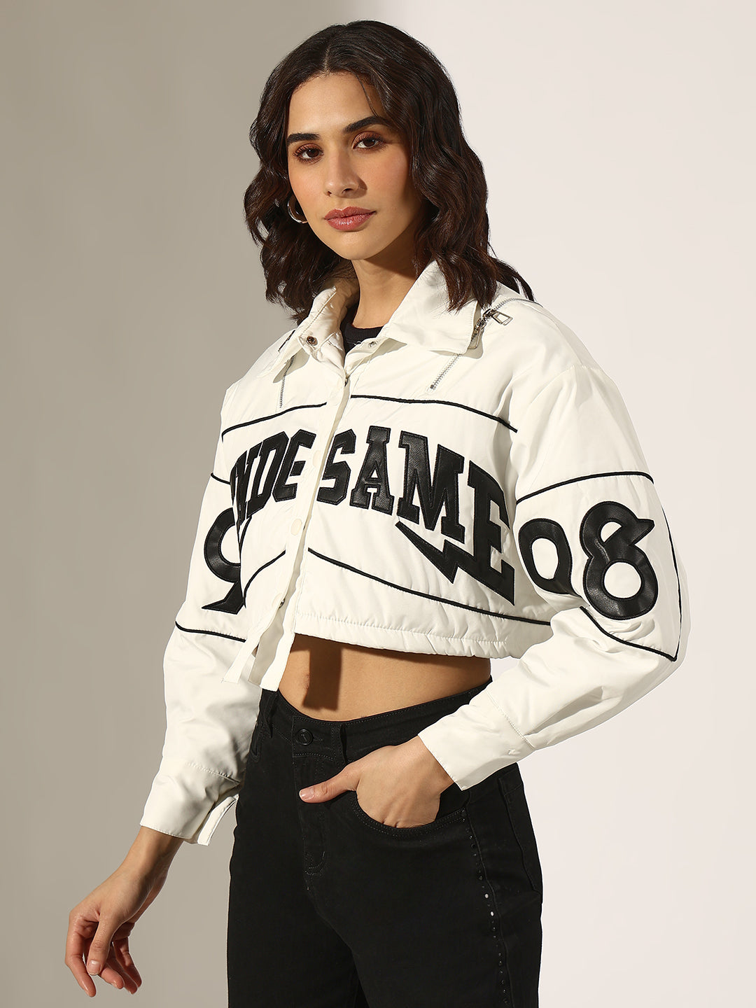 Women's Typography White Cropped Button Down Bomber Jacket