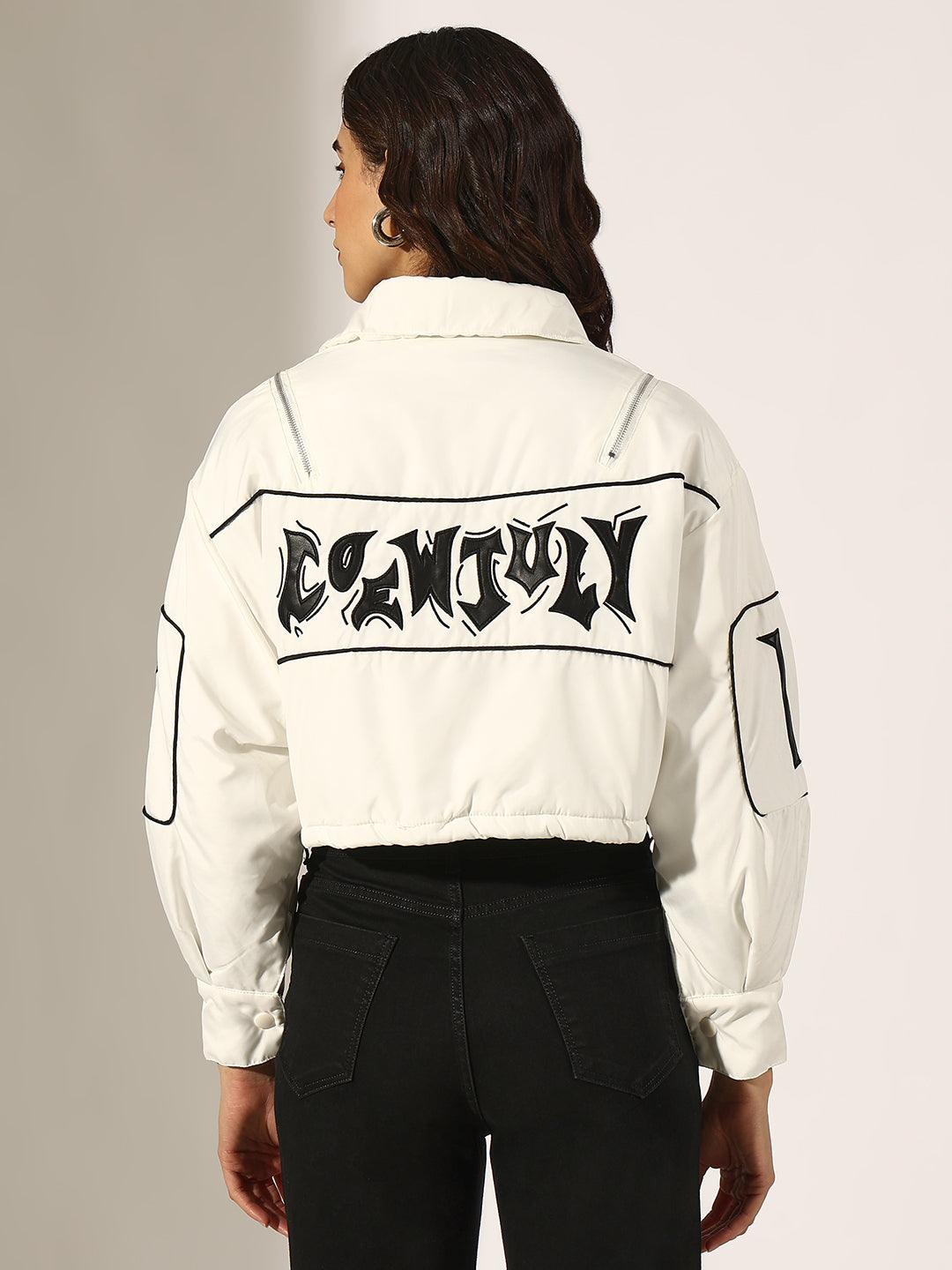 Women's Typography White Cropped Button Down Bomber Jacket