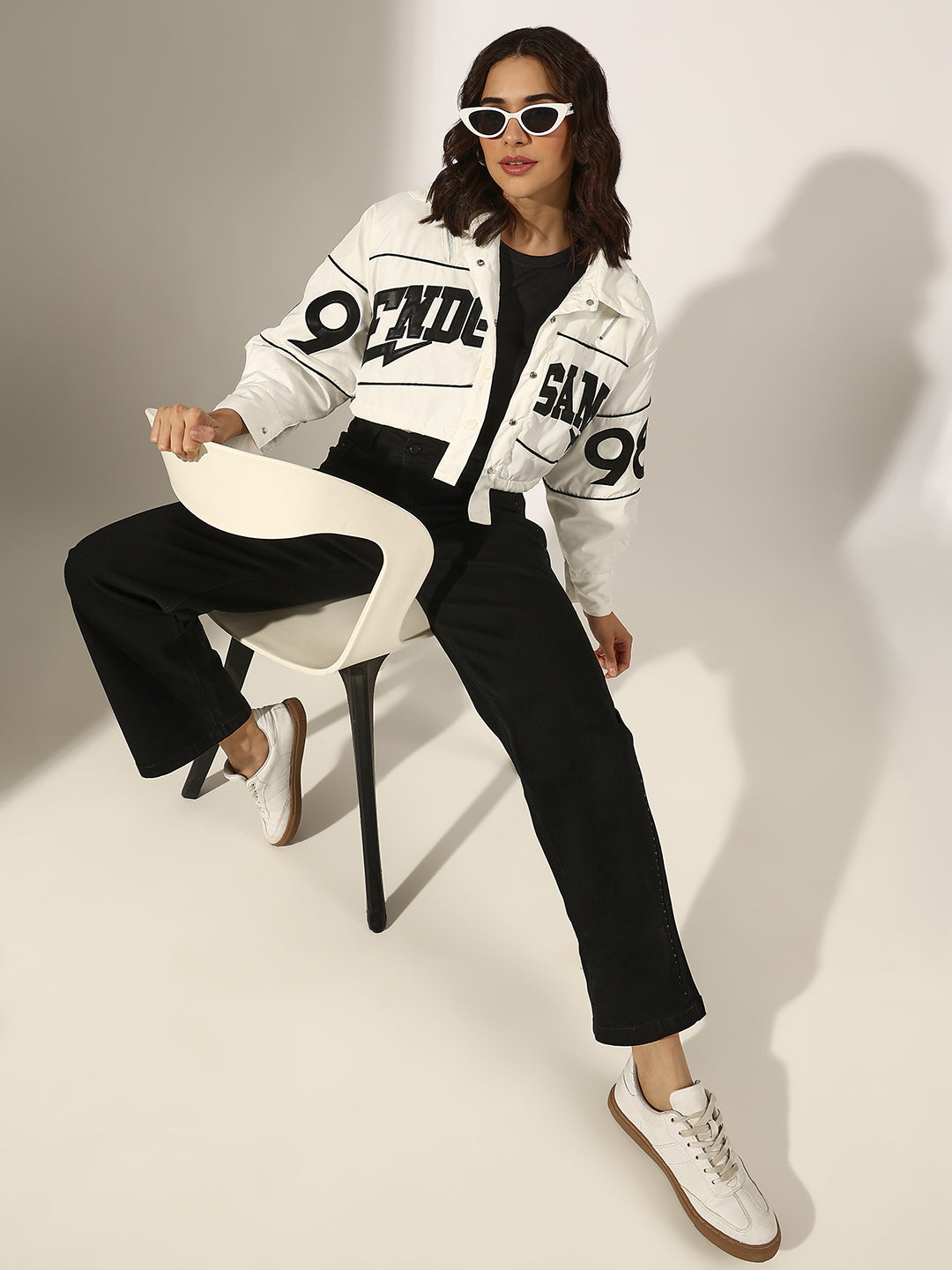 Women's Typography White Cropped Button Down Bomber Jacket