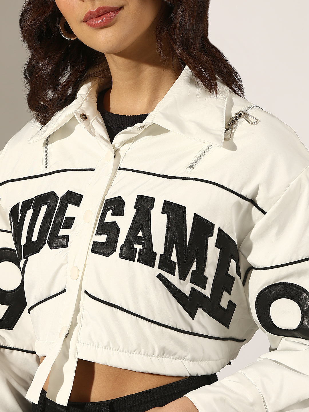 Women's Typography White Cropped Button Down Bomber Jacket