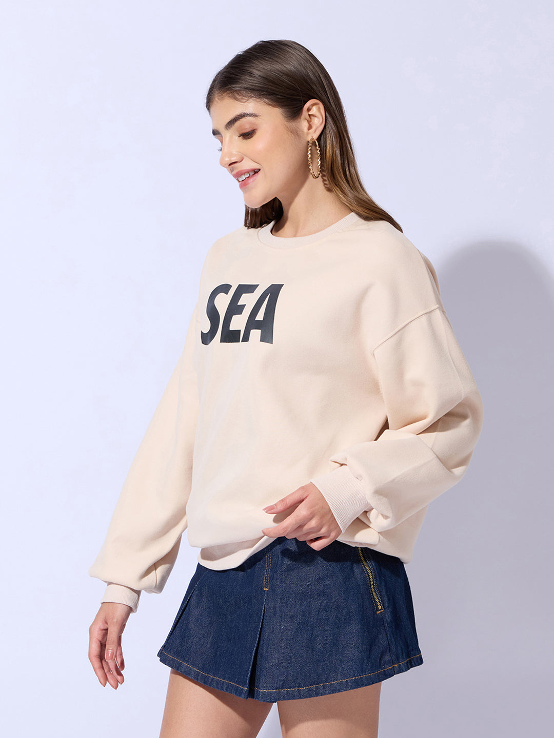 Women's Typography Printed Beige Oversized Round Neck Sweatshirt