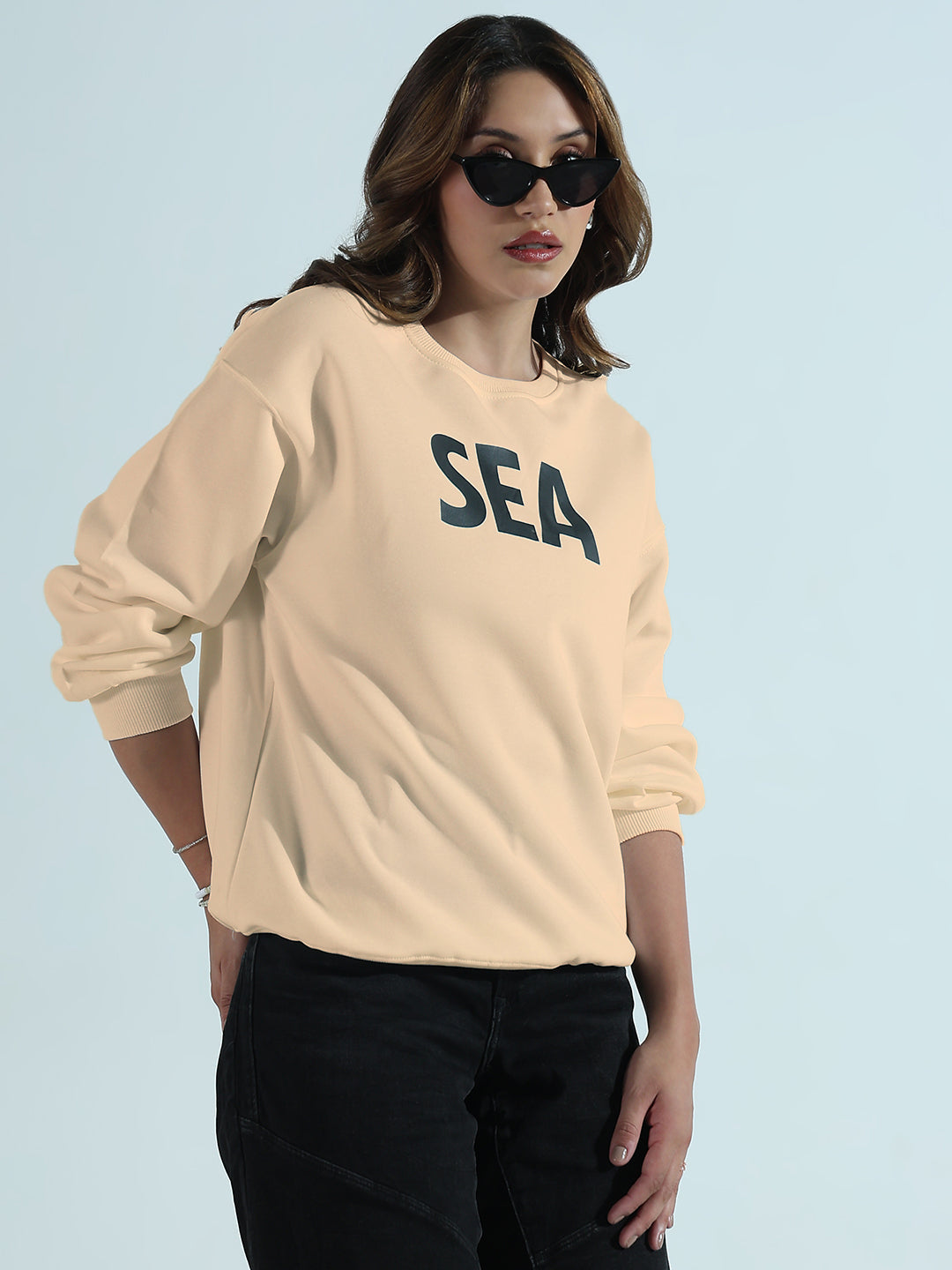 Women's Typography Printed Beige Oversized Round Neck Sweatshirt