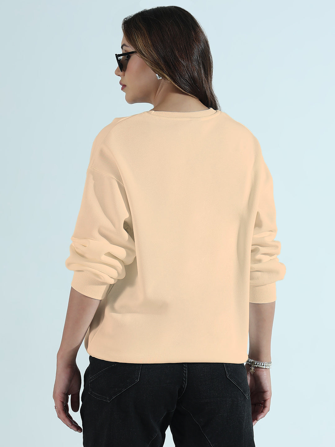 Women's Typography Printed Beige Oversized Round Neck Sweatshirt