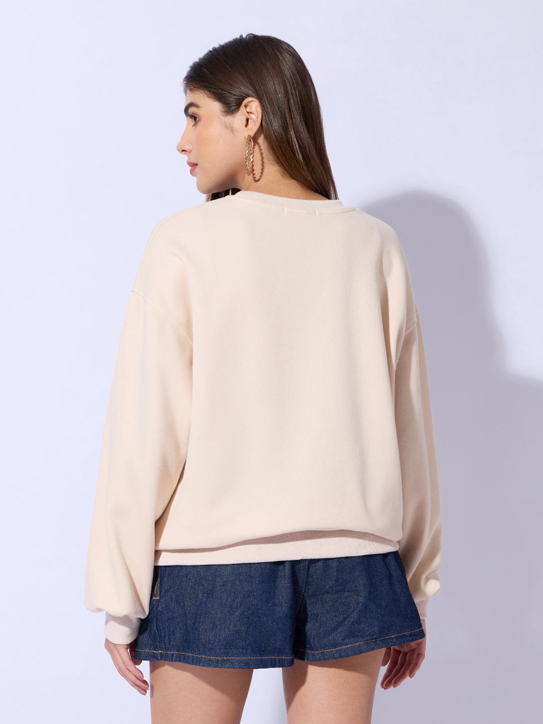 Women's Typography Printed Beige Oversized Round Neck Sweatshirt