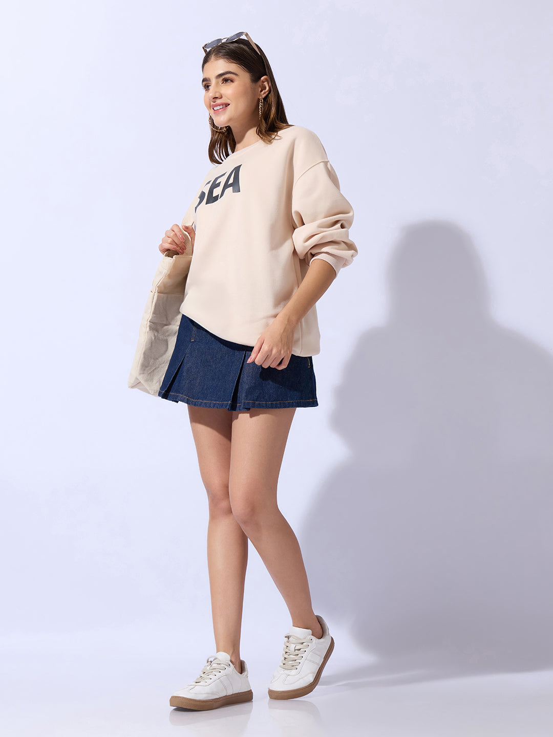 Women's Typography Printed Beige Oversized Round Neck Sweatshirt