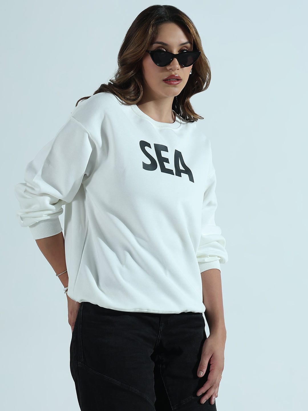 Women's Typography Printed White Oversized Round Neck Sweatshirt