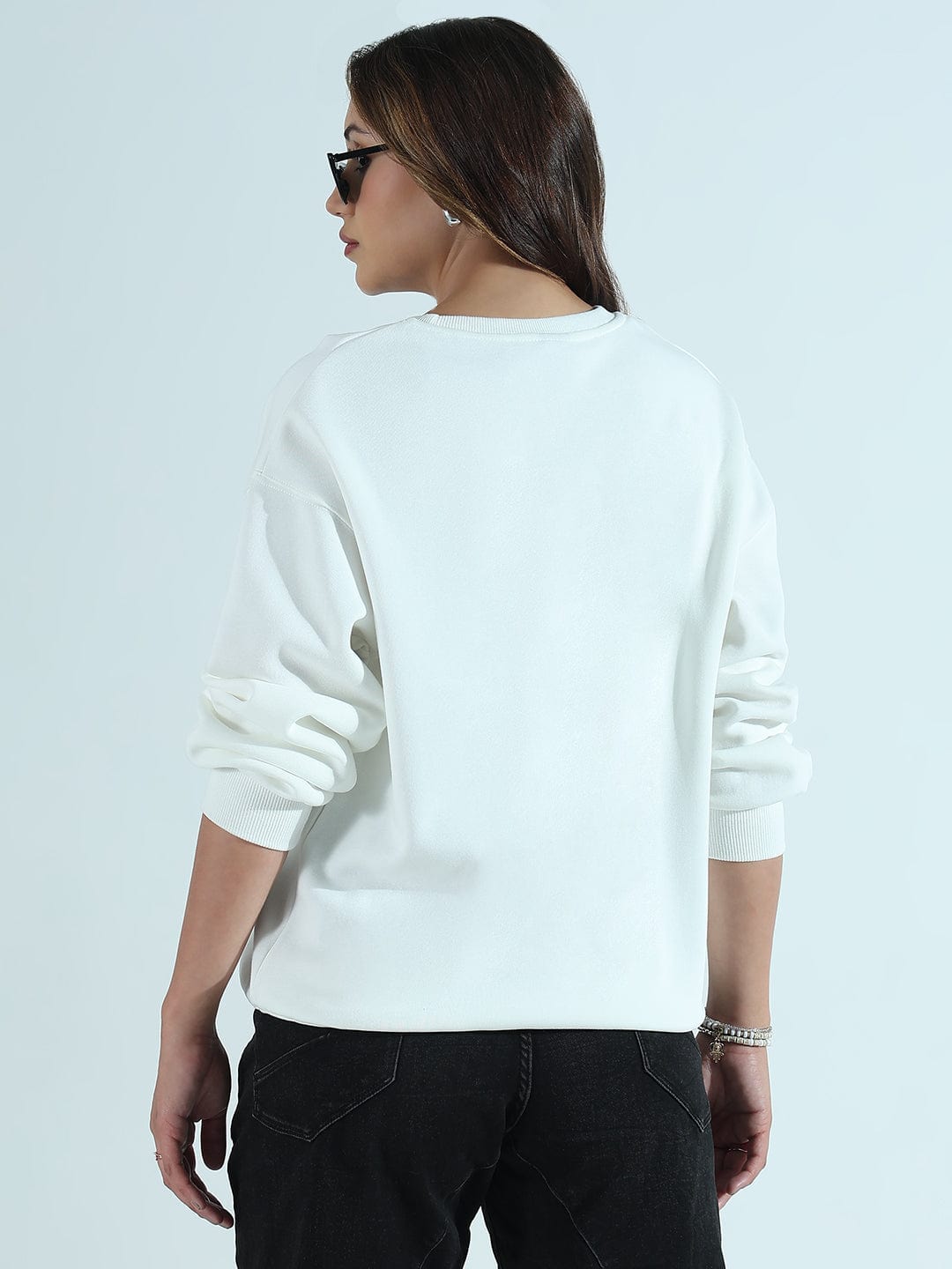 Women's Typography Printed White Oversized Round Neck Sweatshirt