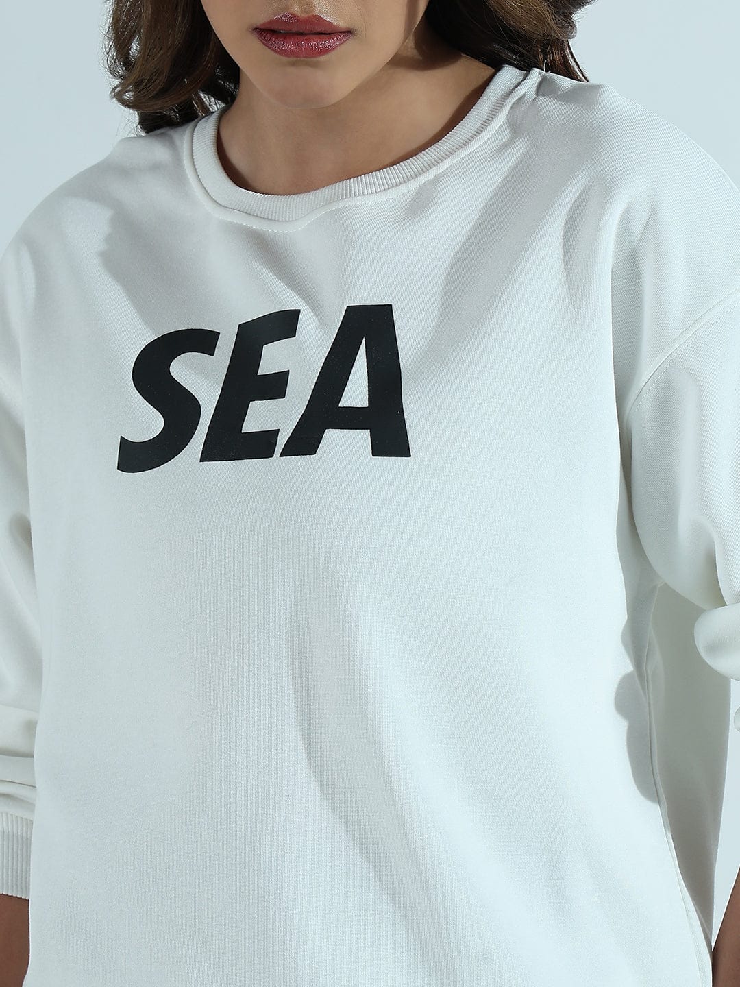 Women's Typography Printed White Oversized Round Neck Sweatshirt