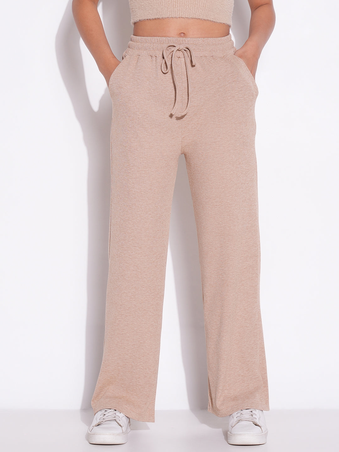 Women Beige Solid Parallel Trousers