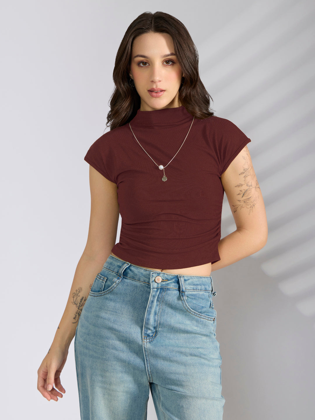 Women's Maroon Fitted Ruched Top with Chain