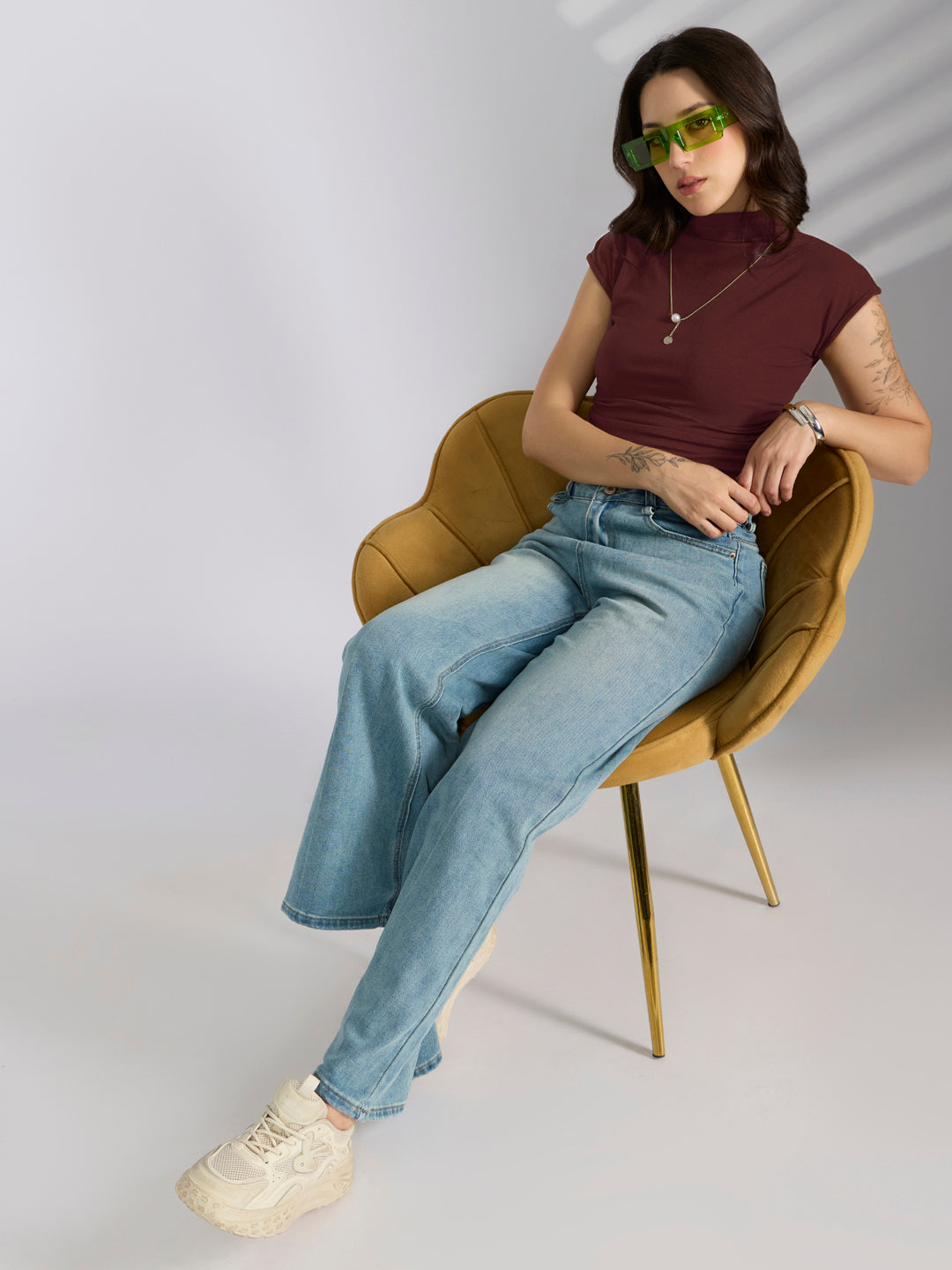 Women's Maroon Fitted Ruched Top with Chain